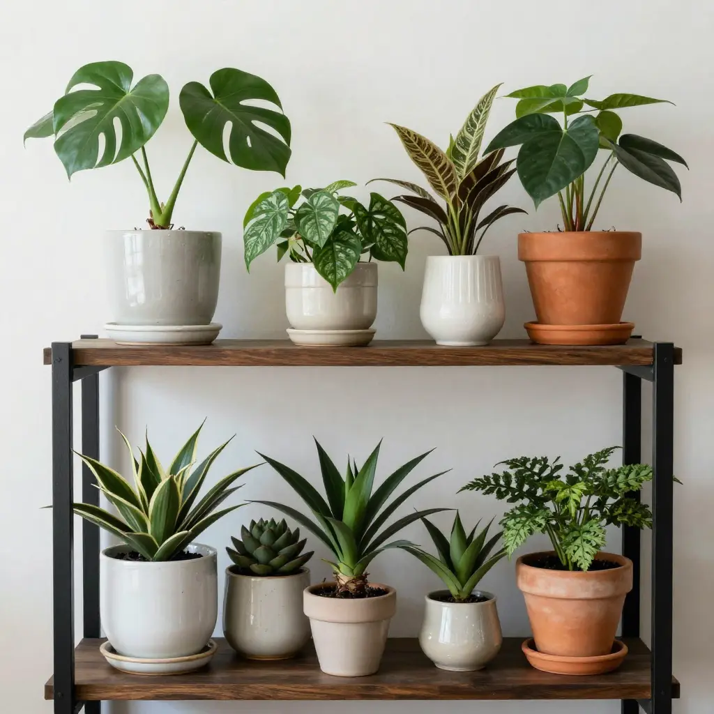 Colección de plantas de interior en estantería